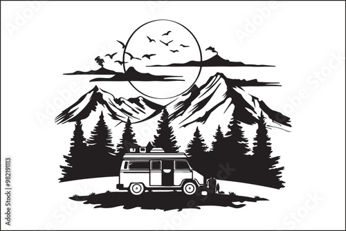 Camping Outdoor Adventure silhouette,
Wilderness,
Nature,
Tent,
Campfire,
Hiking,
Forest,
Backpacking,
Campground,
Mountain,
Travel,
Exploration,
Silhouette,
Vector,
Black and white,
Minimalist,