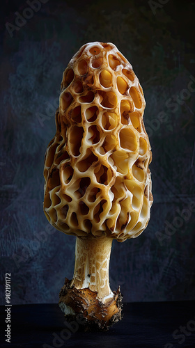 Tall Morel Mushroom with Honeycomb Cap, Side-Lit on Dark Matte Background photo