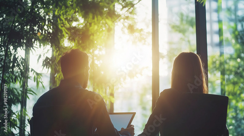 Professional colleagues discussing strategy while looking at a tablet, sitting in a modern office with large windows, collaborative teamwork, copy space