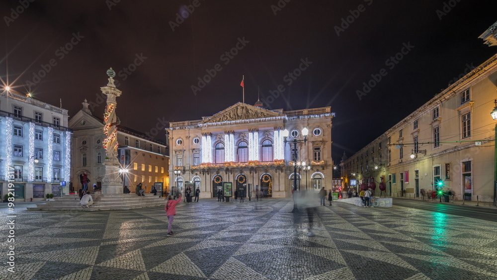 Naklejka premium Panorama showing Municipal square with City Hall architecture decorated for Christmas and night celebrations night timelapse. Lisbon, Portugal