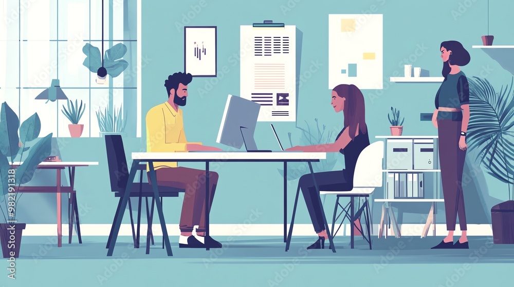 Three colleagues work together in a modern office setting, with plants, a large window and a minimalist design. Three colleagues work together in a modern office setting, with plants, a large window and a minimalist design.