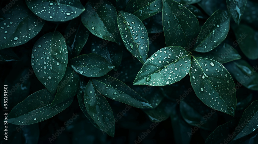 Fototapeta premium Dark green leaves, dark background, hyper-realistic style, low-angle shot, top view
