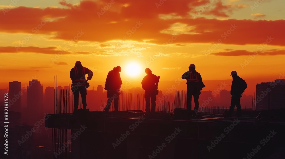 Fototapeta premium Silhouette of workers at a construction site building against a sunrise cityscape background