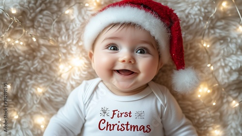 A cute baby wearing a white onesie with a red Santa hat, the words 