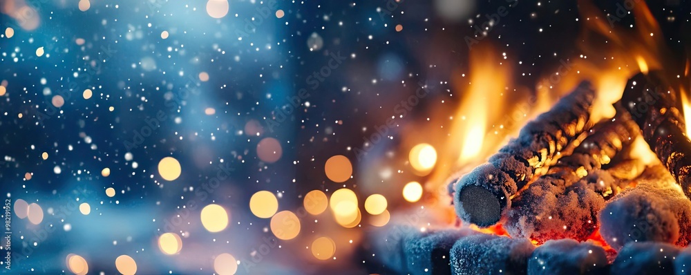 Fototapeta premium A cozy scene with warm fire and gentle snowflakes, creating a peaceful winter atmosphere perfect for relaxation.