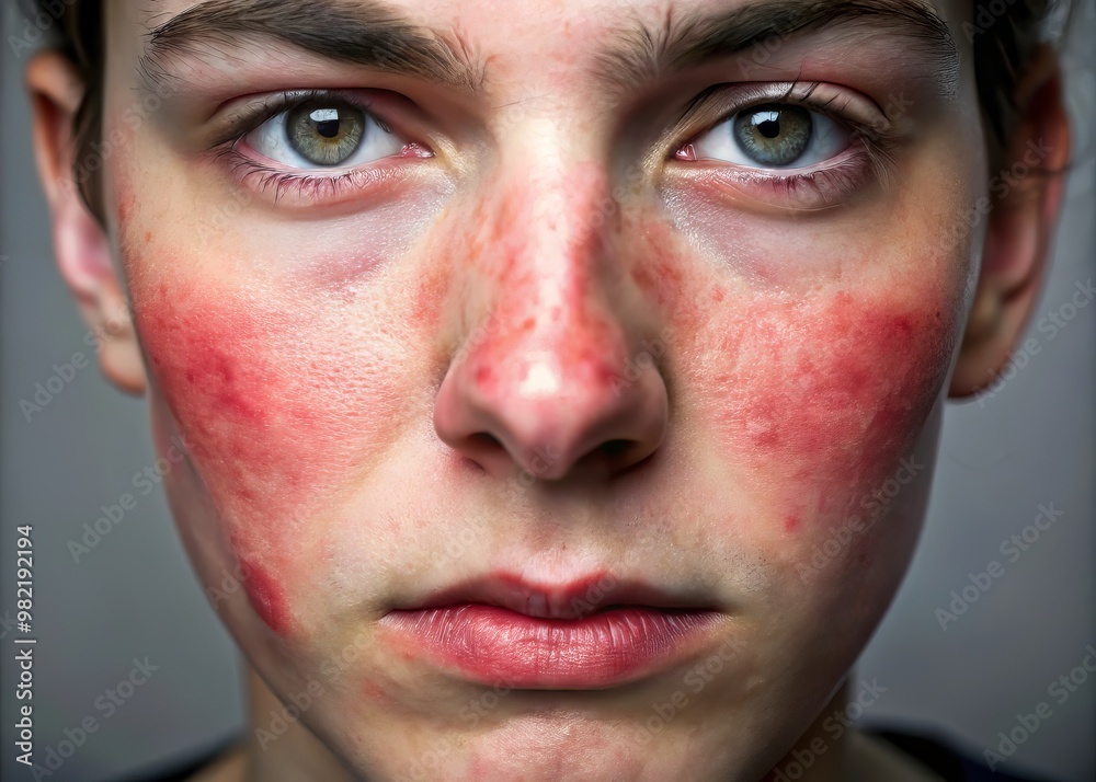 The person's face is a map of redness, with inflamed patches spreading across their cheeks, nose, and chin The person's face is a map of redness, with inflamed patches spreading across their cheeks, nose, and chin