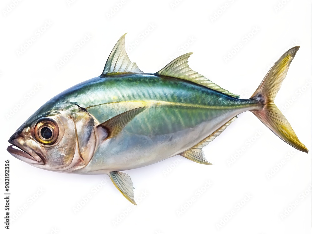 The silver horse mackerel stands out against a pure white background, its shimmering scales and delicate fins a The silver horse mackerel stands out against a pure white background, its shimmering scales and delicate fins a