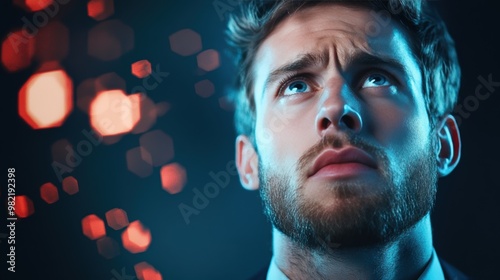 A businessman looking concerned as he watches a stock ticker tape rapidly displaying negative numbers.