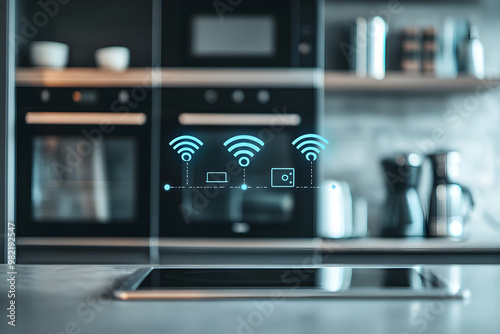 Smart kitchen technology enhances daily cooking experiences with high speed wireless communication. This image showcases modern kitchen with connected devices, emphasizing convenience and innovation