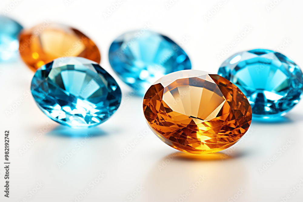 Precious blue and orange topaz crystals on white background Precious blue and orange topaz crystals on white background