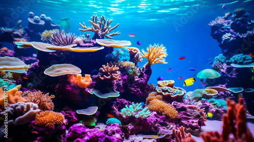 Fototapeta Naklejka Na Ścianę i Meble -  underwater coral reef landscape in the deep blue ocean with colorful fish and marine life background wallpaper	