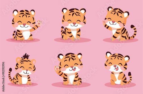 Set of cute tiger illustrations, vector illustrations with simple shapes and flat colors on a pink background.