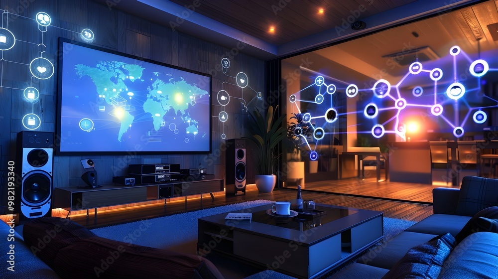 Interconnected Smart Home Theater with Advanced Multimedia Devices and Voice Controlled Lighting Interconnected Smart Home Theater with Advanced Multimedia Devices and Voice Controlled Lighting