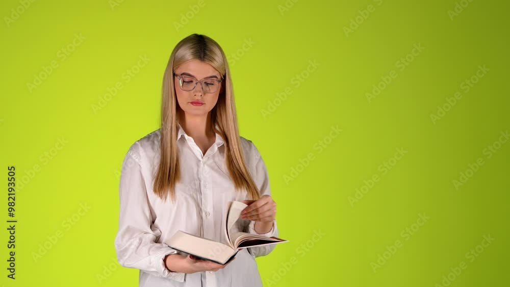 Intellectual Young Blonde Woman Thumbing and Reading a Book Standing, Colorful Studio Portrait Intellectual Young Blonde Woman Thumbing and Reading a Book Standing, Colorful Studio Portrait
