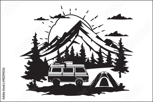 Camping Outdoor Adventure silhouette,
Wilderness,
Nature,
Tent,
Campfire,
Hiking,
Forest,
Backpacking,
Campground,
Mountain,
Travel,
Exploration,
Silhouette,
Vector,
Black and white,
Minimalist,