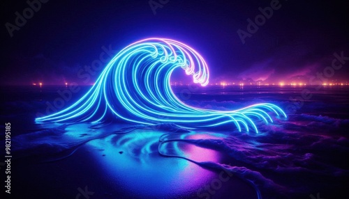 beach wave with neon lights in the night photo