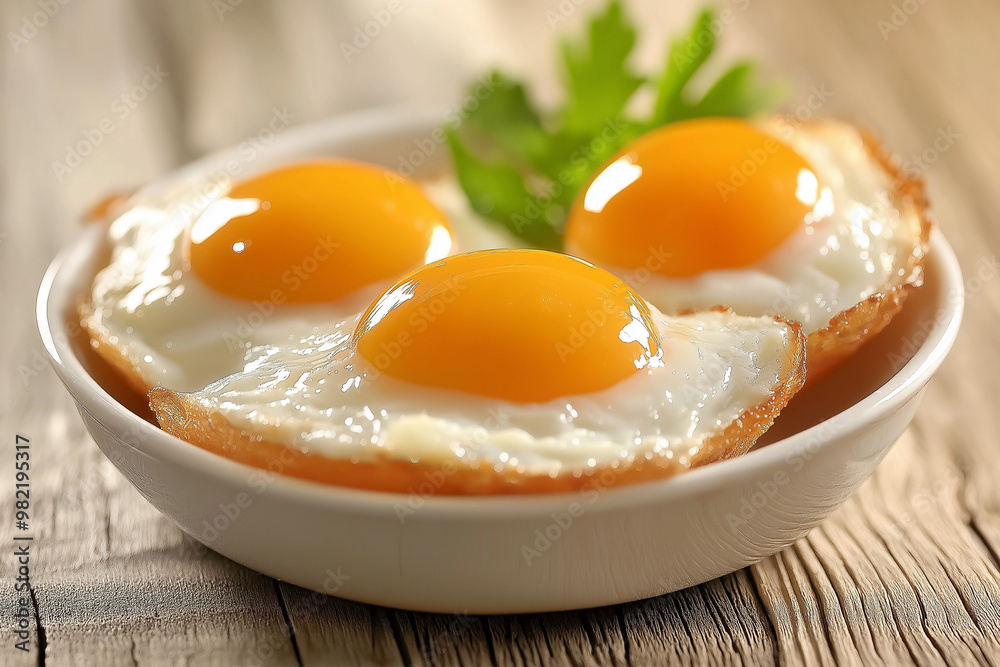 Three Fried Eggs in a White Bowl, Breakfast dishes Three Fried Eggs in a White Bowl, Breakfast dishes
