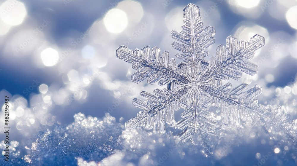 A stunning snowflake rests on a bed of sparkling snow, capturing the beauty of winter's delicate crystal formations. A stunning snowflake rests on a bed of sparkling snow, capturing the beauty of winter's delicate crystal formations.
