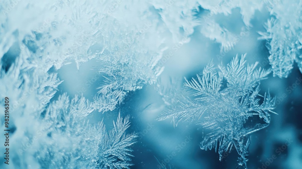 Close-up of delicate ice crystals forming intricate patterns on a frosty surface, showcasing winter's unique beauty.