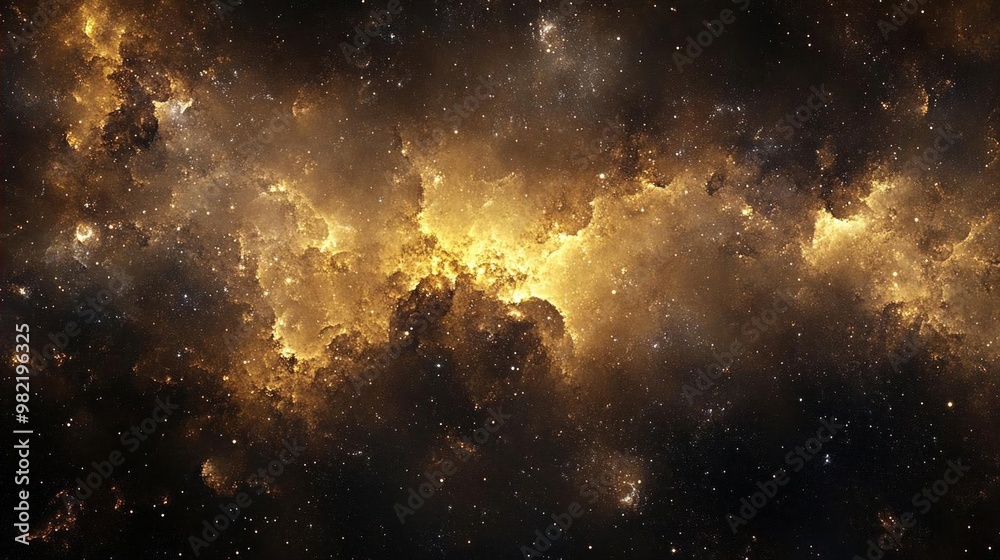A stunning cosmic nebula with bright golden clouds of gas and dust against a black starry background. A stunning cosmic nebula with bright golden clouds of gas and dust against a black starry background.