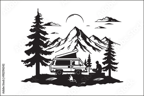 Camping Outdoor Adventure silhouette,
Wilderness,
Nature,
Tent,
Campfire,
Hiking,
Forest,
Backpacking,
Campground,
Mountain,
Travel,
Exploration,
Silhouette,
Vector,
Black and white,
Minimalist,