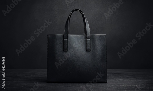 A sophisticated black tote bag on a dark grey surface, perfect for stylish Thanksgiving and Halloween promotions with ample copy space for text.