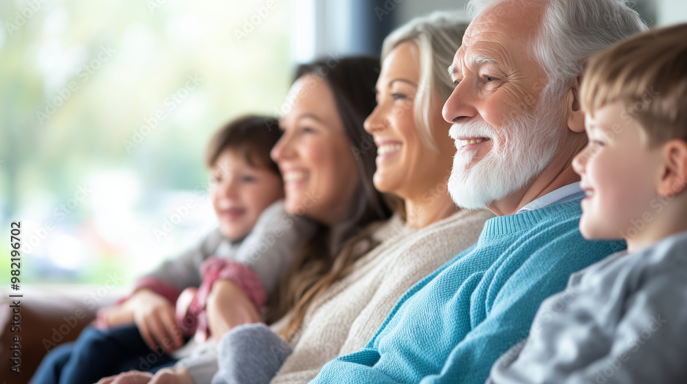 Fototapeta premium Large happy family sitting together on a cozy couch, three generations including grandparents and children, joyful and loving family bond, bright living room, copy space