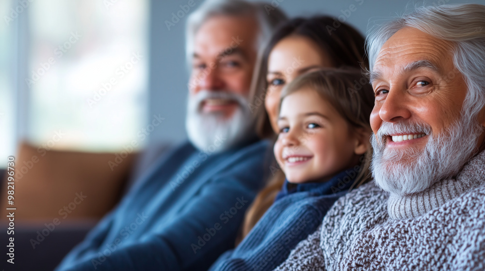 Happy extended family sitting together on a couch, multiple generations including grandparents, joyful family bond, warm living room setting, copy space