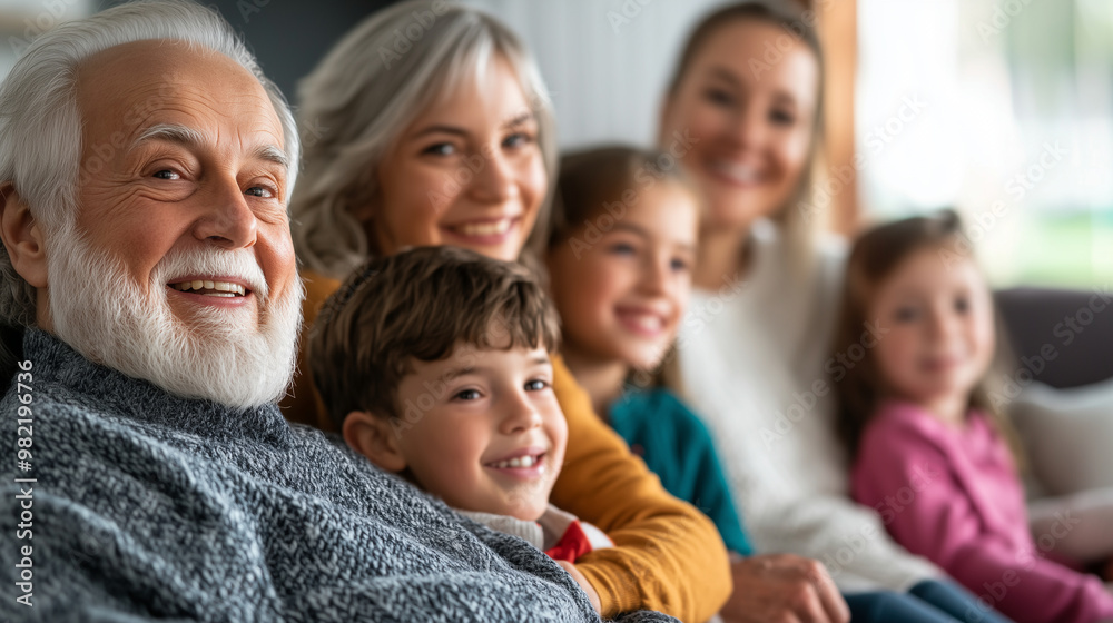 Extended family of six sitting on a couch, smiling and happy, grandparents and children sharing a joyful moment, warm and welcoming living room, copy space Extended family of six sitting on a couch, smiling and happy, grandparents and children sharing a joyful moment, warm and welcoming living room, copy space