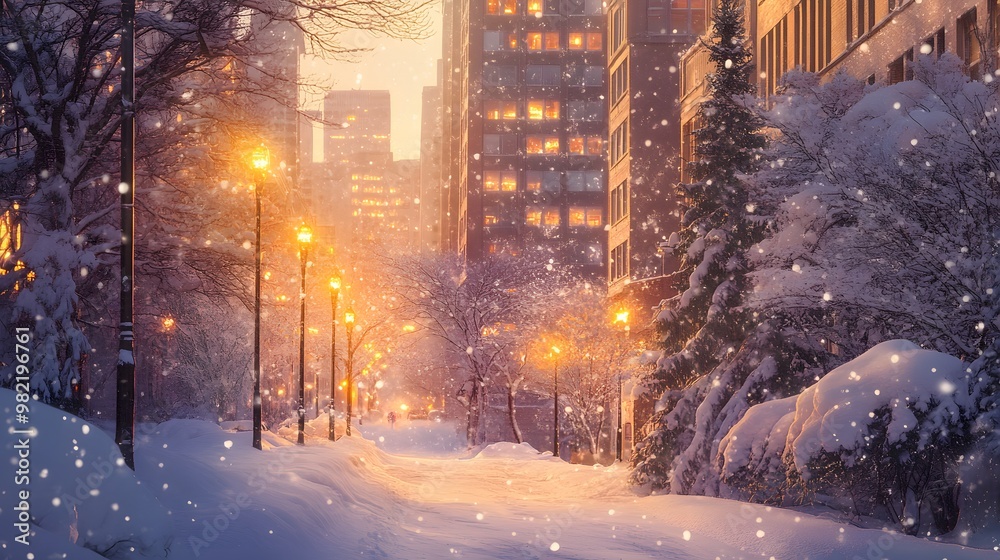 Winter twilight in the city, trees covered in snow with warm lights glowing in downtown windows, hyper-real, high-quality, sharp images, graphic, illustration Winter twilight in the city, trees covered in snow with warm lights glowing in downtown windows, hyper-real, high-quality, sharp images, graphic, illustration