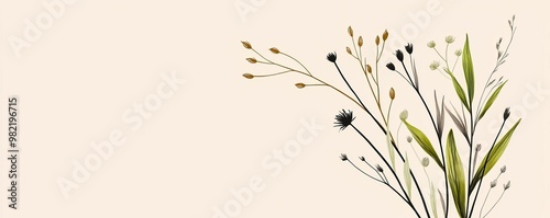 Elegant wildflower sketch featuring a variety of native plants intertwined on a soft beige background, with thin, flowing lines that evoke a sense of natural beauty and delicacy