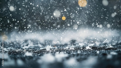 Captivating close-up of raindrops falling on a surface, creating a serene atmosphere with blurred lights in the background.