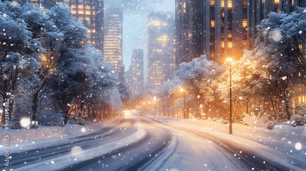 Winter downtown, snow-covered trees and icy roads with city lights reflecting on the snow, hyper-real, high-quality, sharp images, graphic, illustration Winter downtown, snow-covered trees and icy roads with city lights reflecting on the snow, hyper-real, high-quality, sharp images, graphic, illustration