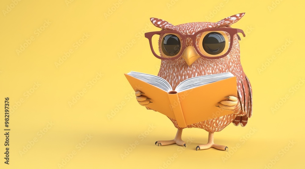 Fototapeta premium Owl With Glasses reading a book, ntellectual owl with glasses perched on an open book against a bright yellow background.