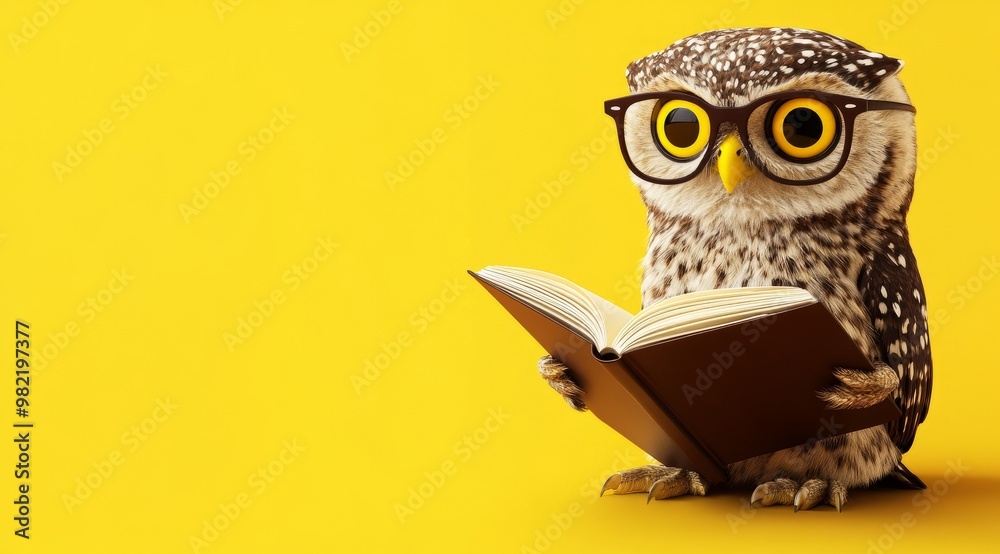 custom made wallpaper toronto digitalOwl With Glasses reading a book, ntellectual owl with glasses perched on an open book against a bright yellow background.