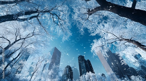 Frozen winter trees scattered through downtown, reflecting the cold blue of the winter sky, hyper-real, high-quality, sharp images, graphic, illustration