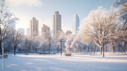 Downtown city park in winter, trees covered in frost and snow, a serene winter day in the heart of the city, hyper-real, high-quality, sharp images, graphic, illustration