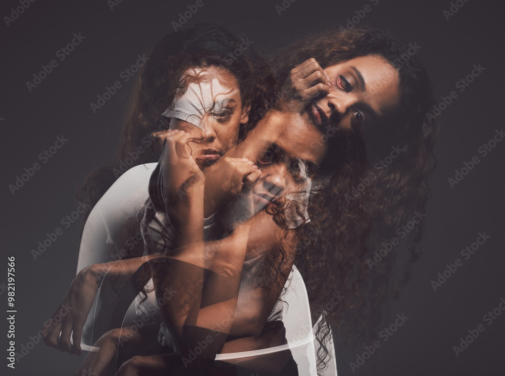 Portrait, woman and depression with double exposure for mental health, bipolar war and schizophrenia. Girl, identity crisis and psychology change of reflection, trauma conflict and dark background Portrait, woman and depression with double exposure for mental health, bipolar war and schizophrenia. Girl, identity crisis and psychology change of reflection, trauma conflict and dark background