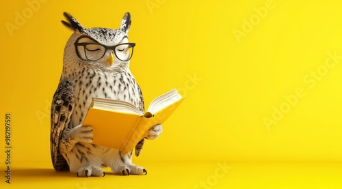Wallpaper Mural Owl With Glasses reading a book, ntellectual owl with glasses perched on an open book against a bright yellow background. Torontodigital.ca