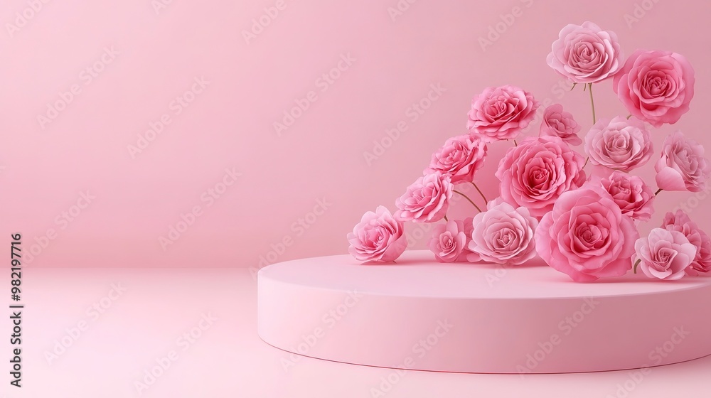 Empty podium with pink rose flowers on pink background to display products, gift or cosmetics. Podium with copy space for design or advertising Empty podium with pink rose flowers on pink background to display products, gift or cosmetics. Podium with copy space for design or advertising