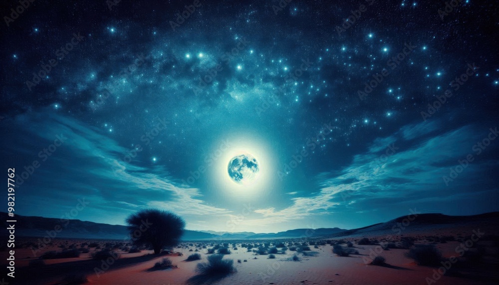 A clear night sky filled with stars and a glowing full moon over a desert. A clear night sky filled with stars and a glowing full moon over a desert.