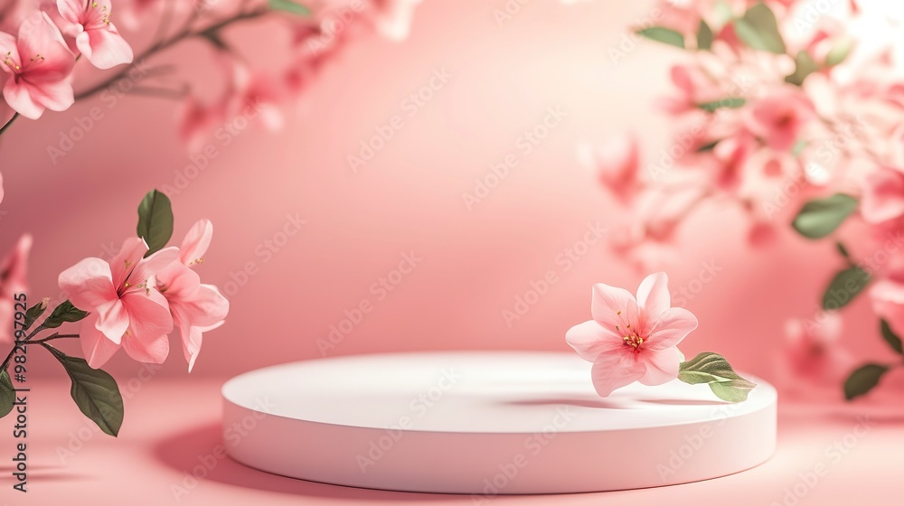 3D rendering platform podium with pink flower background for product presentation. 3D rendering platform podium with pink flower background for product presentation.