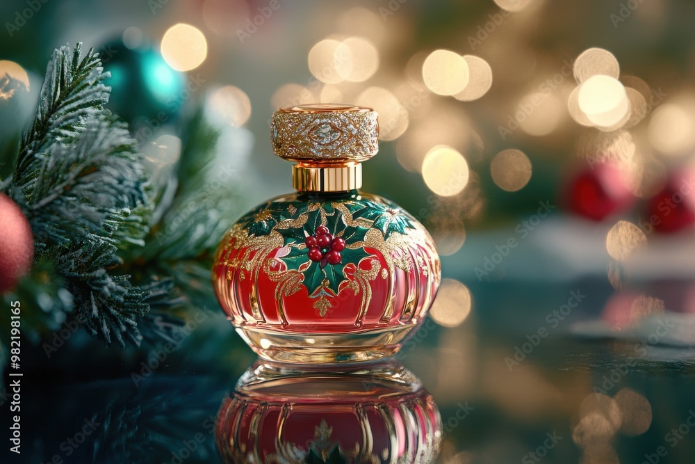 Elegant holiday perfume bottle decorated with festive holly designs Elegant holiday perfume bottle decorated with festive holly designs