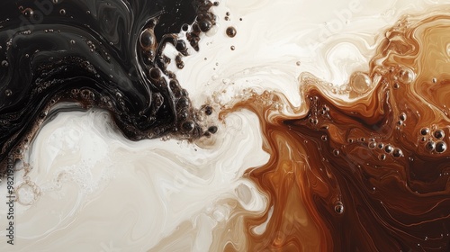 Abstract Swirling Black, Brown, and White Liquid with Bubbles