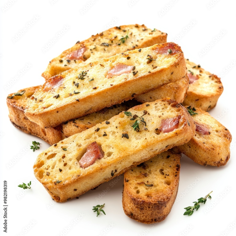 Savory Biscotti Delight - Roasted Ham and Thyme Snack on White Background Savory Biscotti Delight - Roasted Ham and Thyme Snack on White Background