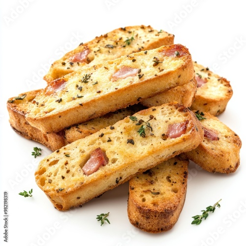 Savory Biscotti Delight - Roasted Ham and Thyme Snack on White Background