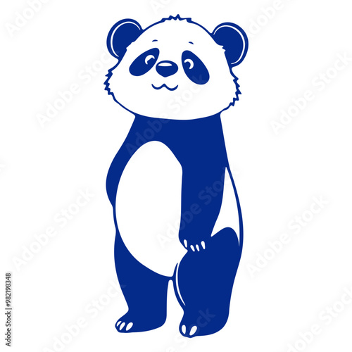 A cute blue panda bear standing upright and looking directly at the viewer