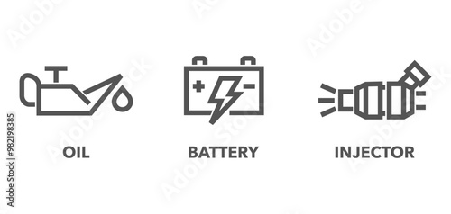 Car service icons set in bold line - oil, battery and injector