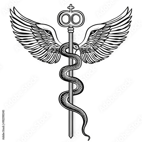 A black and white illustration of the caduceus, a symbol of medicine. The caduceus features a snake wrapped around a staff with wings. photo