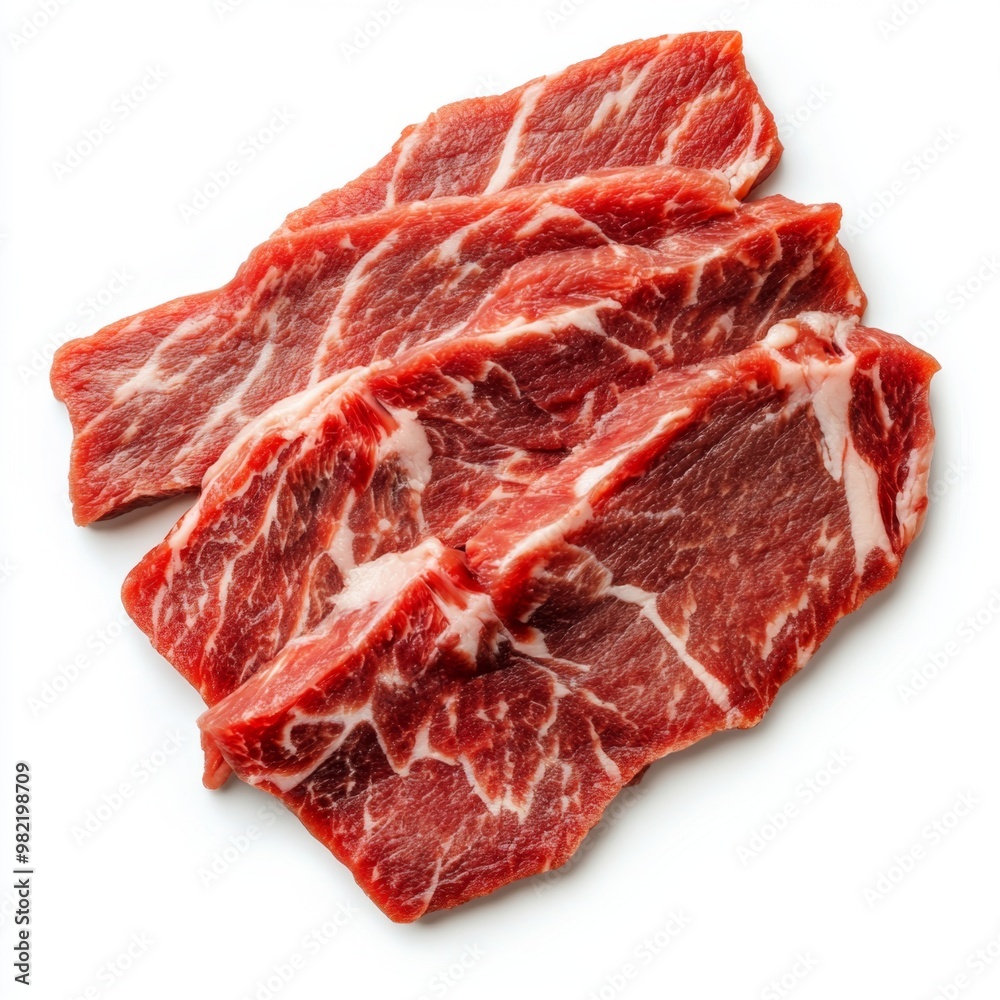Obraz premium Succulent Marbled Beef Slices with Intricate Fat Patterns on White Background